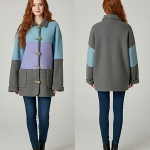 Vintage Color Block Longline Wool Cardigan Sweater Jacket Gray Purple Blue Small